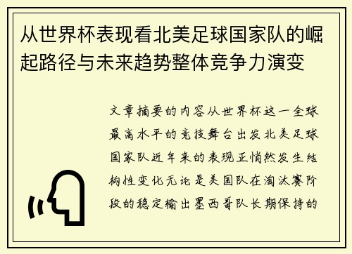 从世界杯表现看北美足球国家队的崛起路径与未来趋势整体竞争力演变